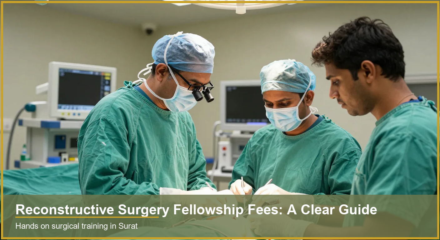 Reconstructive Surgery Fellowship Fees: A Clear Guide Indian surgeon mentor guiding two trainee doctors during a reconstructive surgery training session in an operating theatre